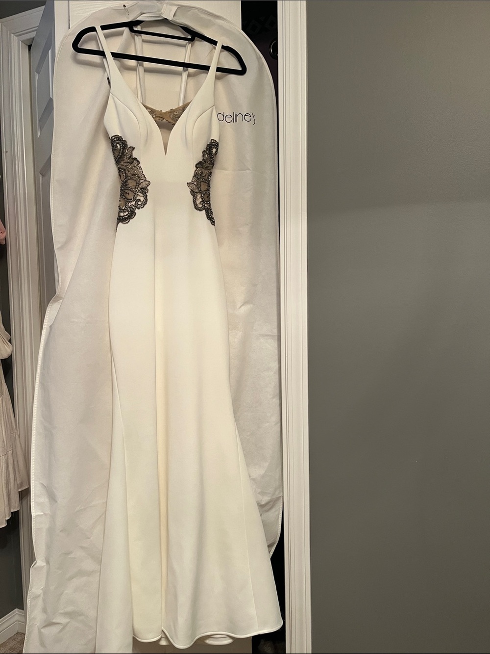 Faviana Ivory Wedding Dress with Browm and Silver Lace Side Appliqués